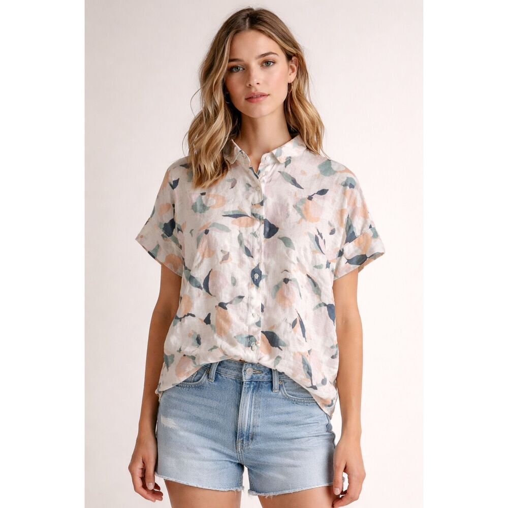 Rachel Zoe Linen Blouse M Abstract Print Button Up Boxy Top